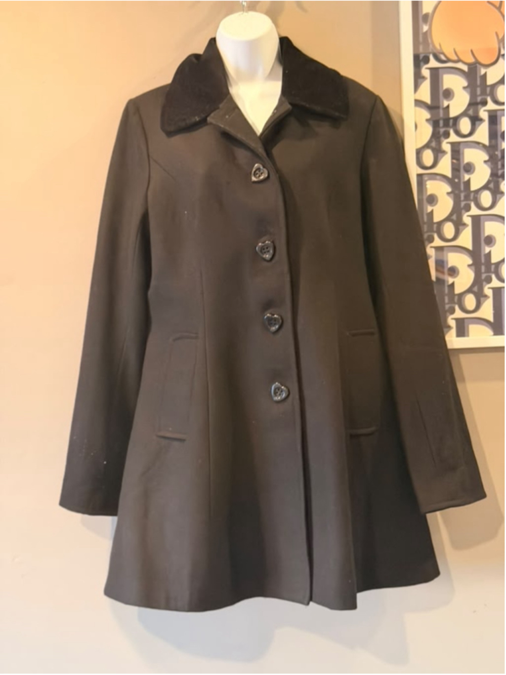 Betsey Johnson Black Wool Blend Coat Heart Buttons Velvet Collar Size 14